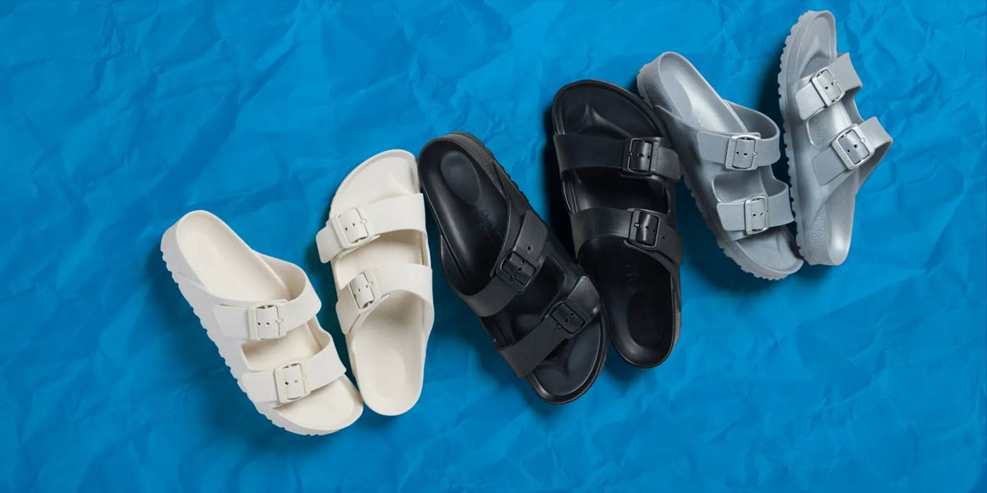 Featuring an assortment of Birkenstock sandals.