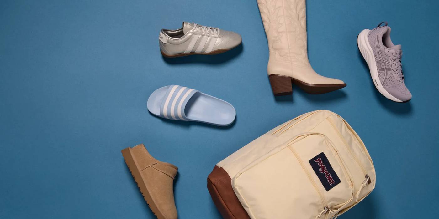 Featuring trending items for heading back to campus including a backpack and and assortment of shoes.