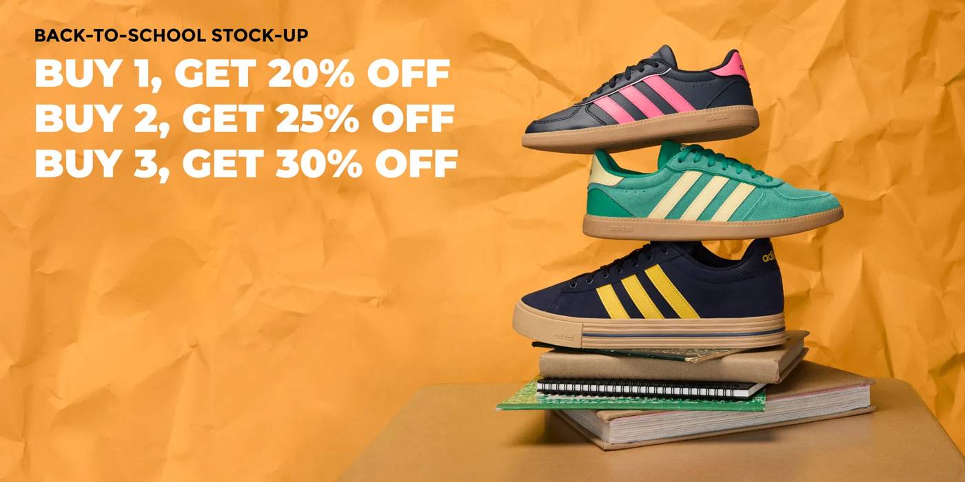 Featuring an assortment of adidas styles on a back to school background.