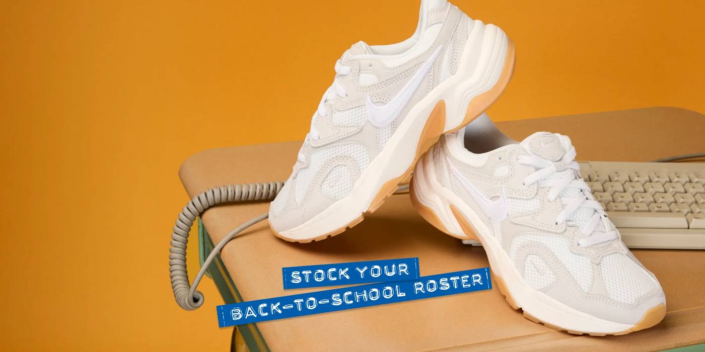Featuring a Nike sneaker on a back to school background
