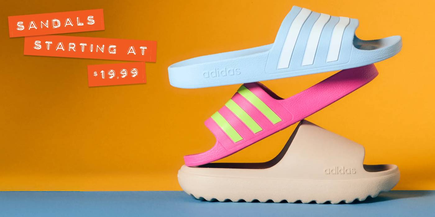 Featuring three pairs of slide sandals stacked on top of one another.