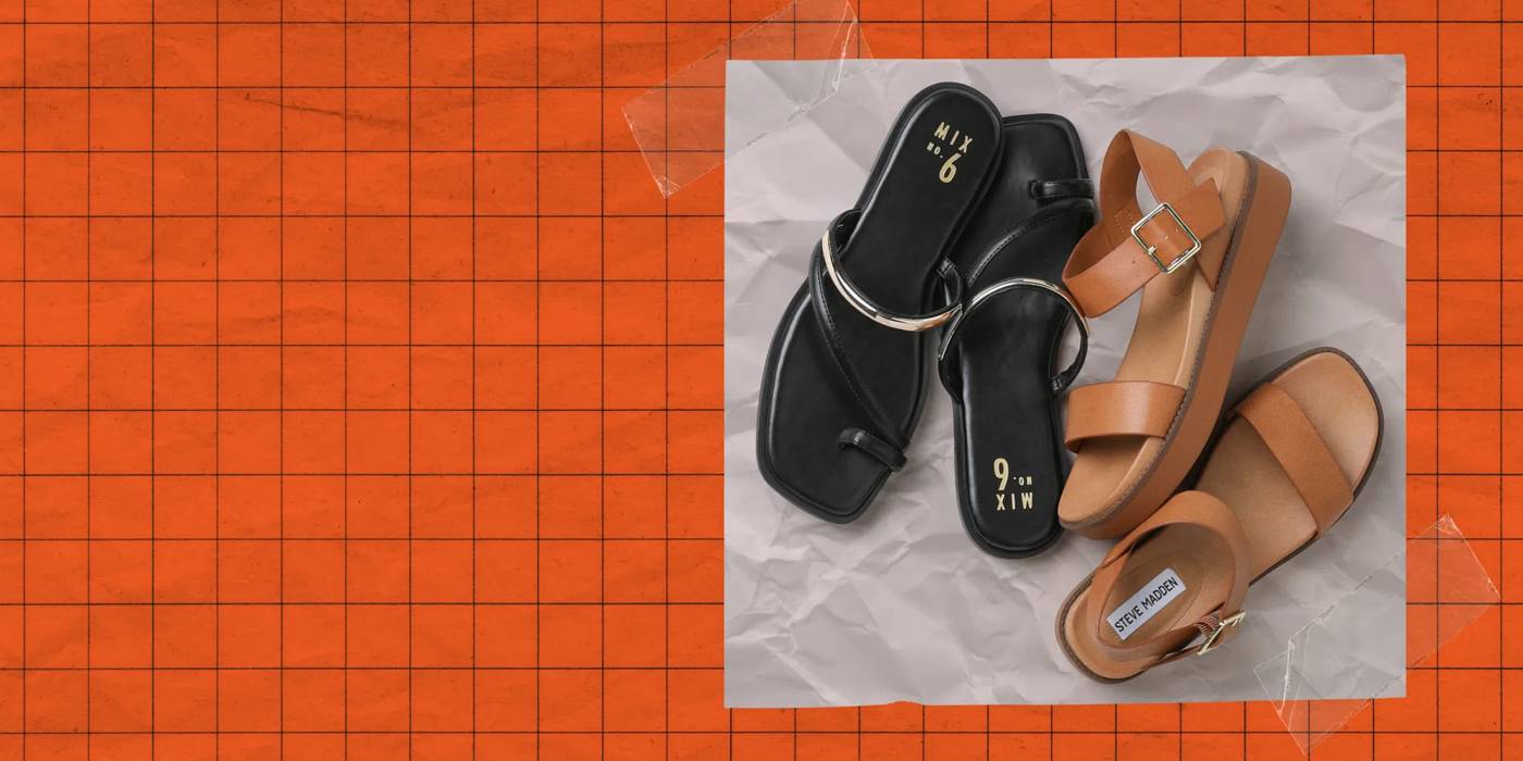Featuring a model in footbed sandals.