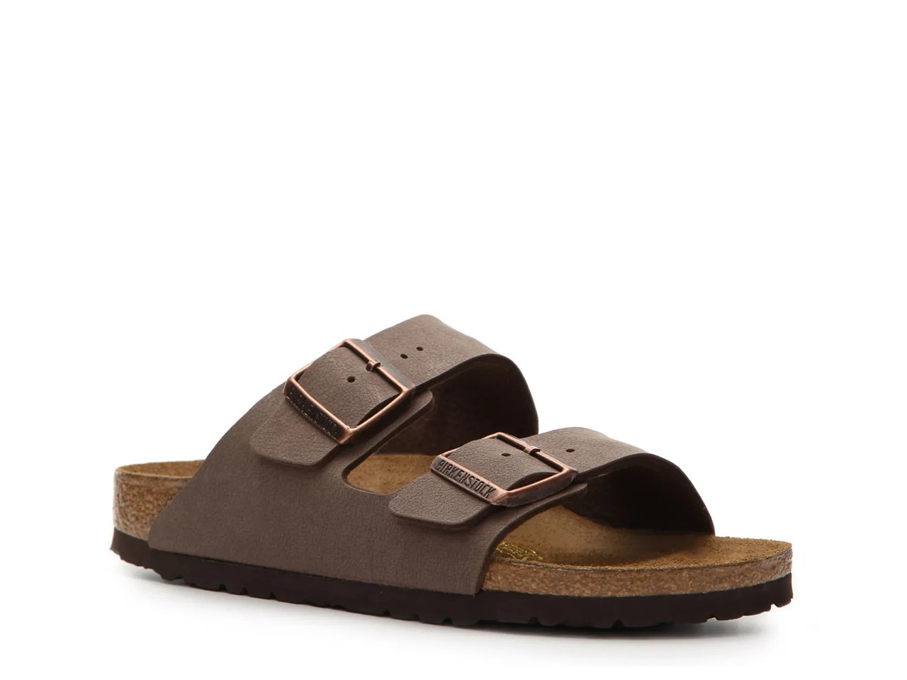 Flat brown sandal with two buckle straps