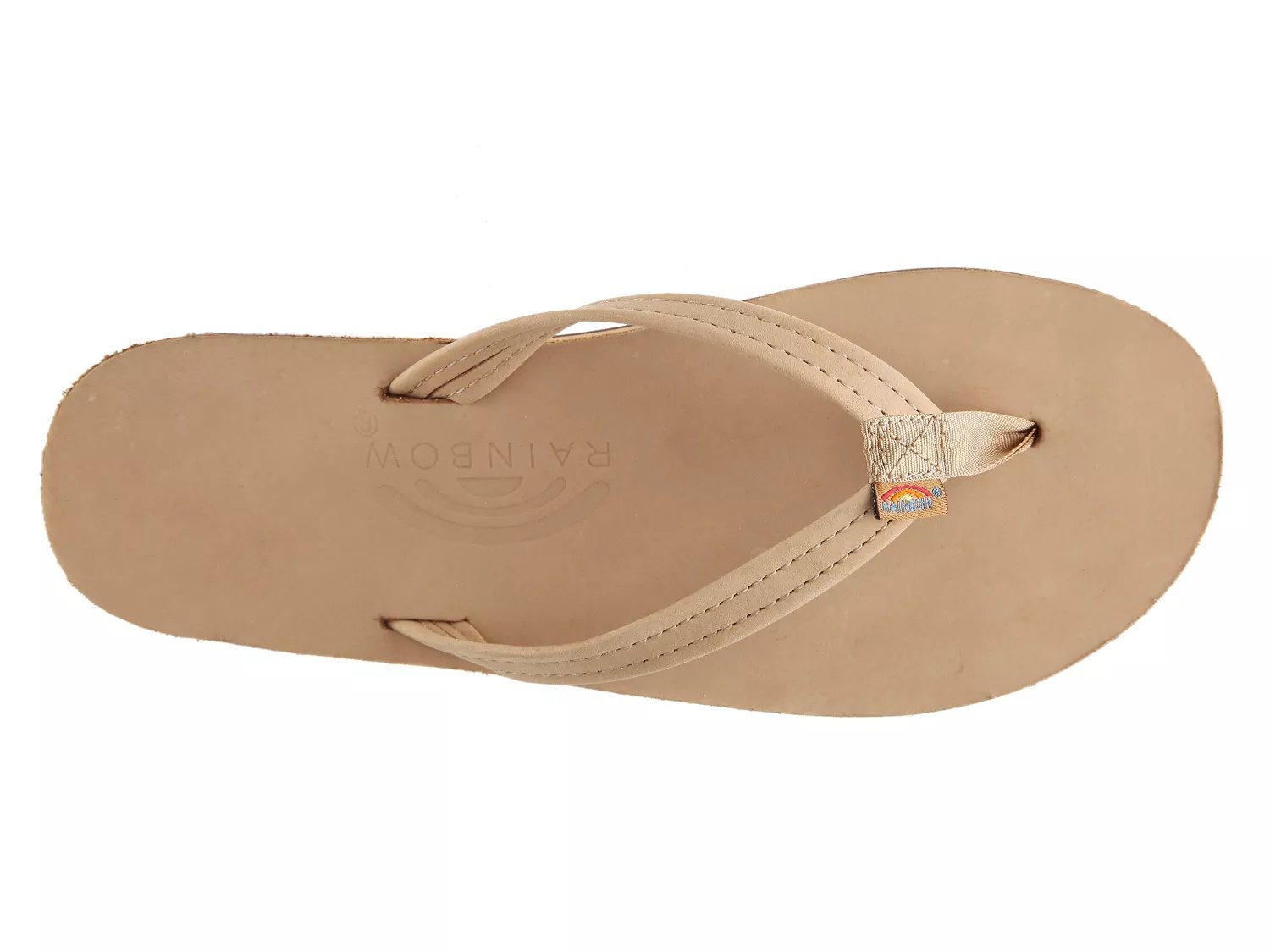 tan flip flops with black straps