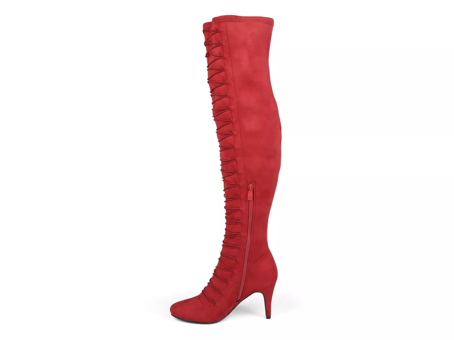 red thigh high wide calf boots