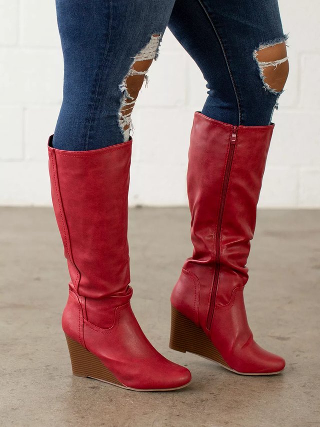 Wedge knee high boots wide calf cheap