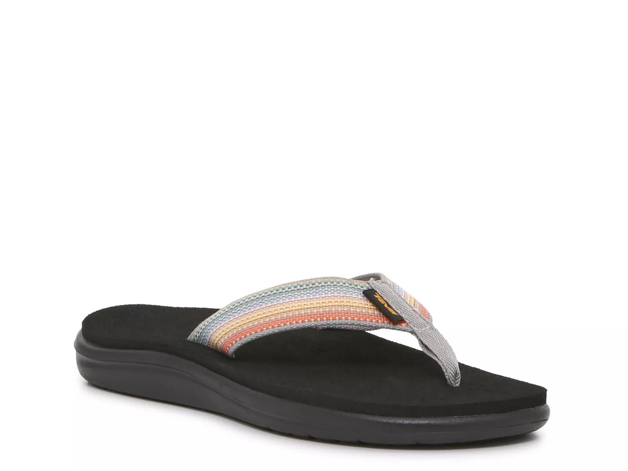 Black flip flop with rainbow-colored straps