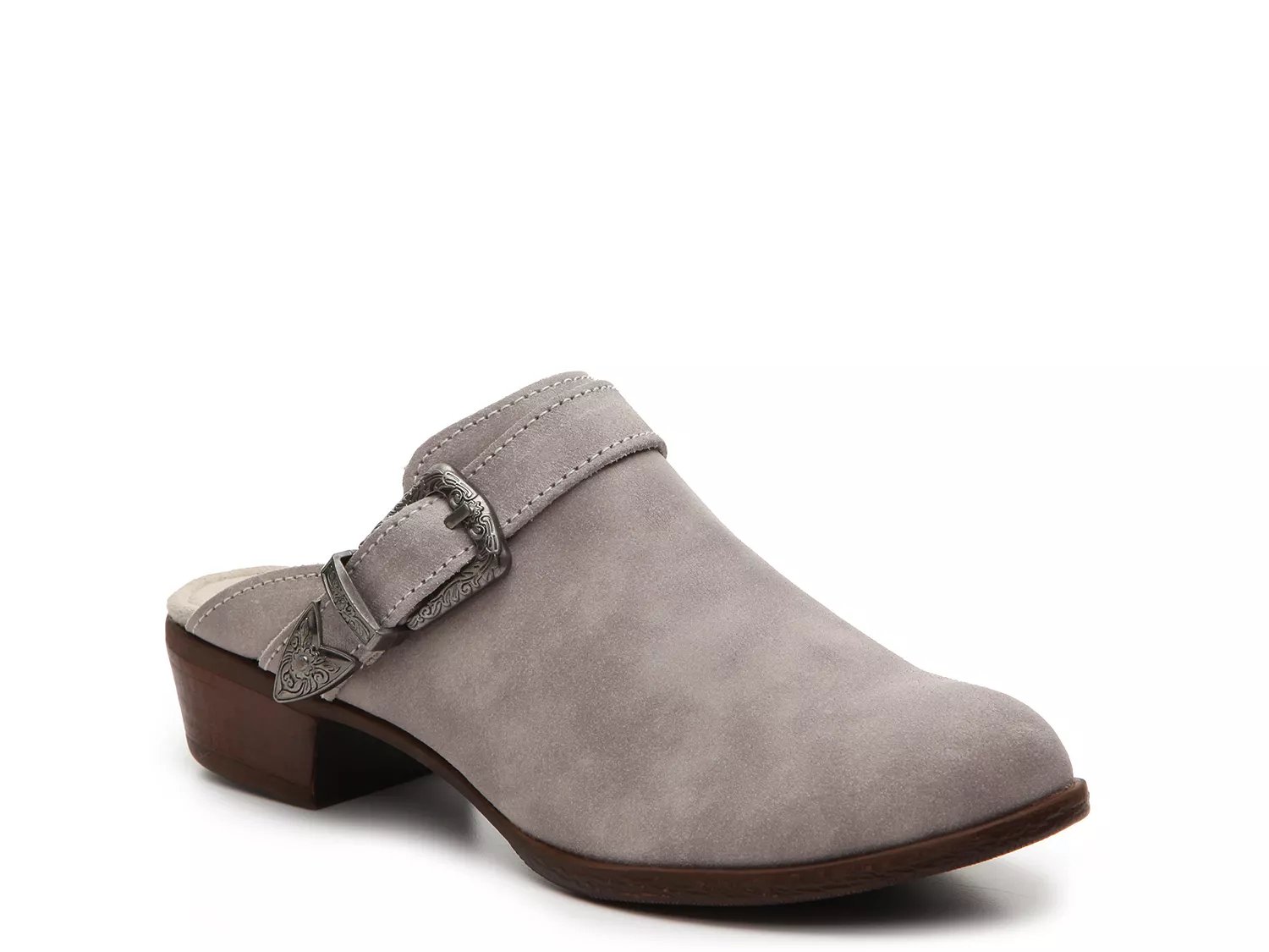 grey clogs and mules