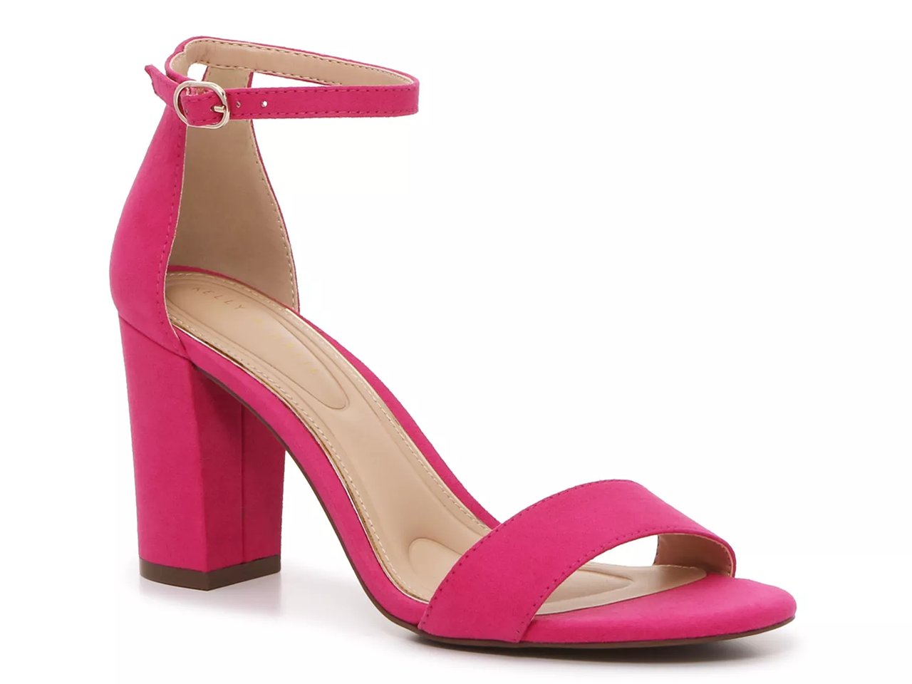 Pink high heeled sandal with ankle strap