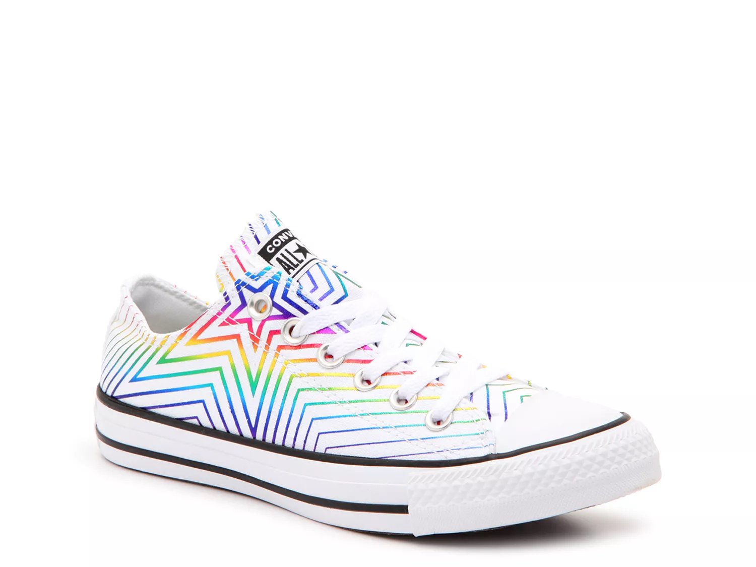 white converse with rainbow stitching