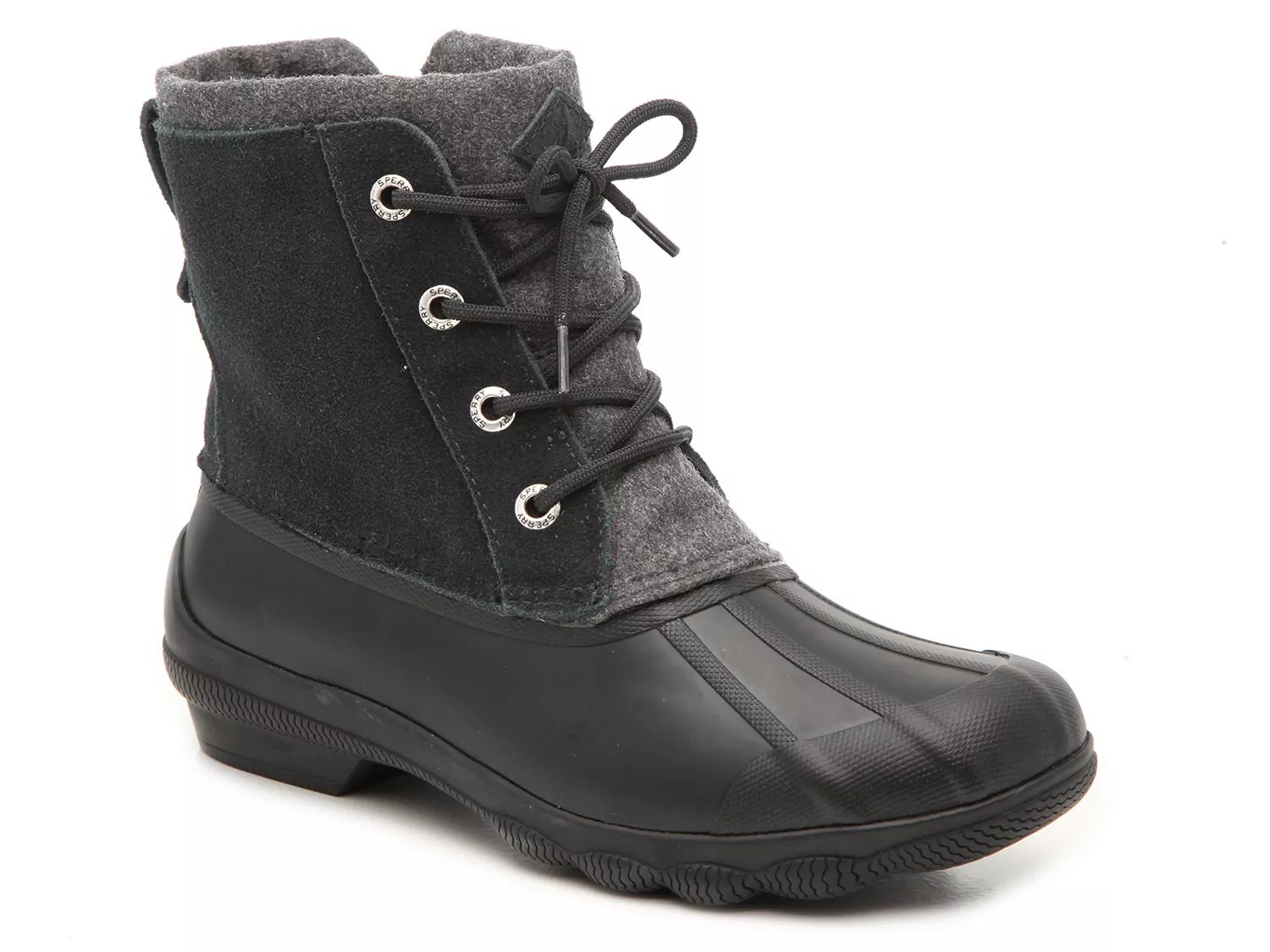 black and grey duck boots