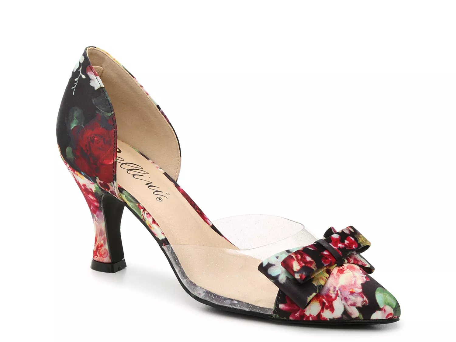 Bellini Wide Width Cupcake Pump | Women's | Black/Red/White Floral Print Satin | Size 11 | Heels | Pumps