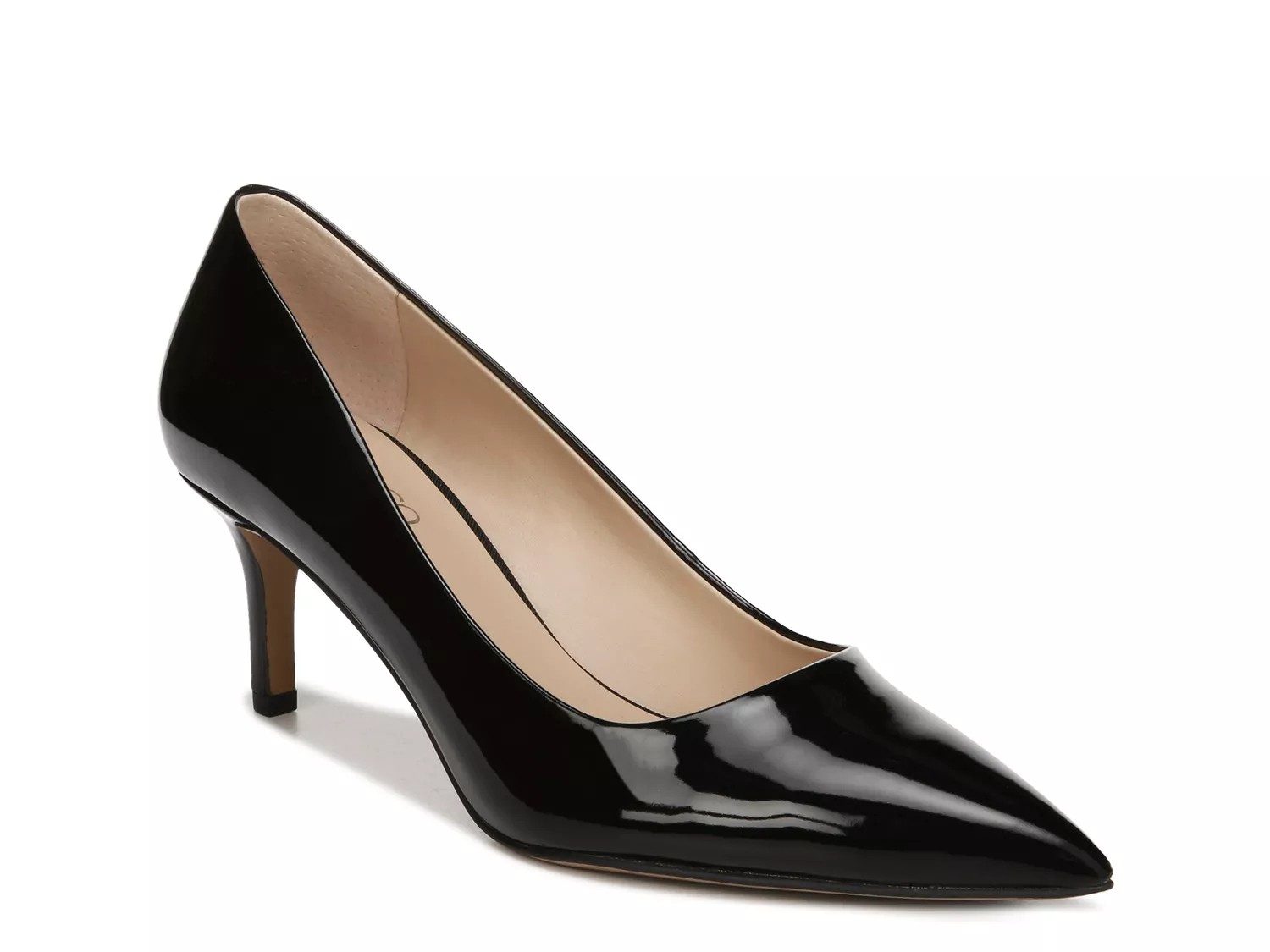 black patent pointed court shoes