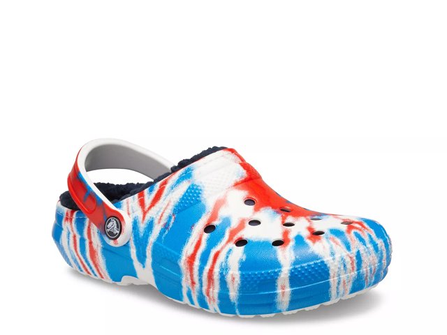 Red white and blue crocs tie dye hot sale