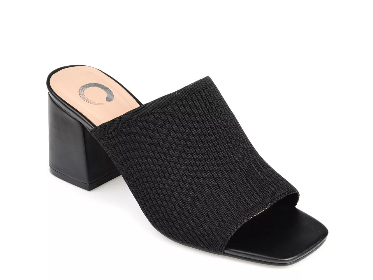 A black chunky high heeled sandal