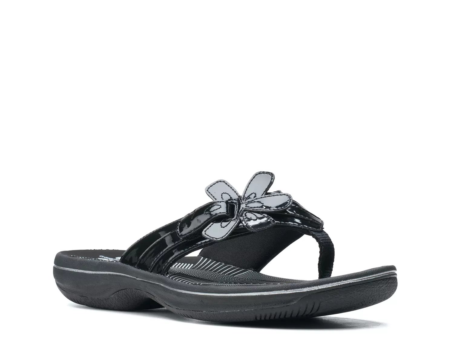 Clarks black shop patent flip flops