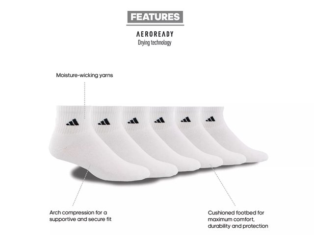 adidas Cushioned Men's Quarter Ankle Socks - 6 Pack - Free