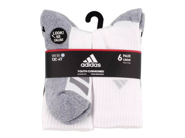 adidas Cushioned Angle Stripe Kids' 6-Pack Crew Sock - Free Shipping