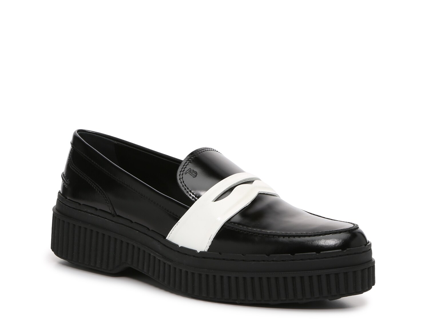 TOD'S women shoes Black leather white patent penny loafer XXW39A0U240H8S0002 