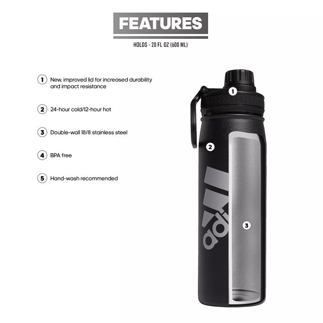 Adidas Steel 600ml Metal Water Bottle Black