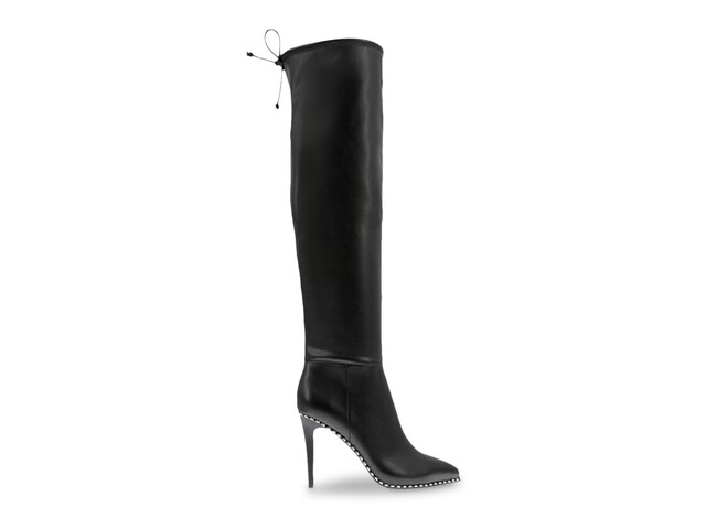 brings a new sensibility to statement footwear with these toe-capped black  over-the-knee boots