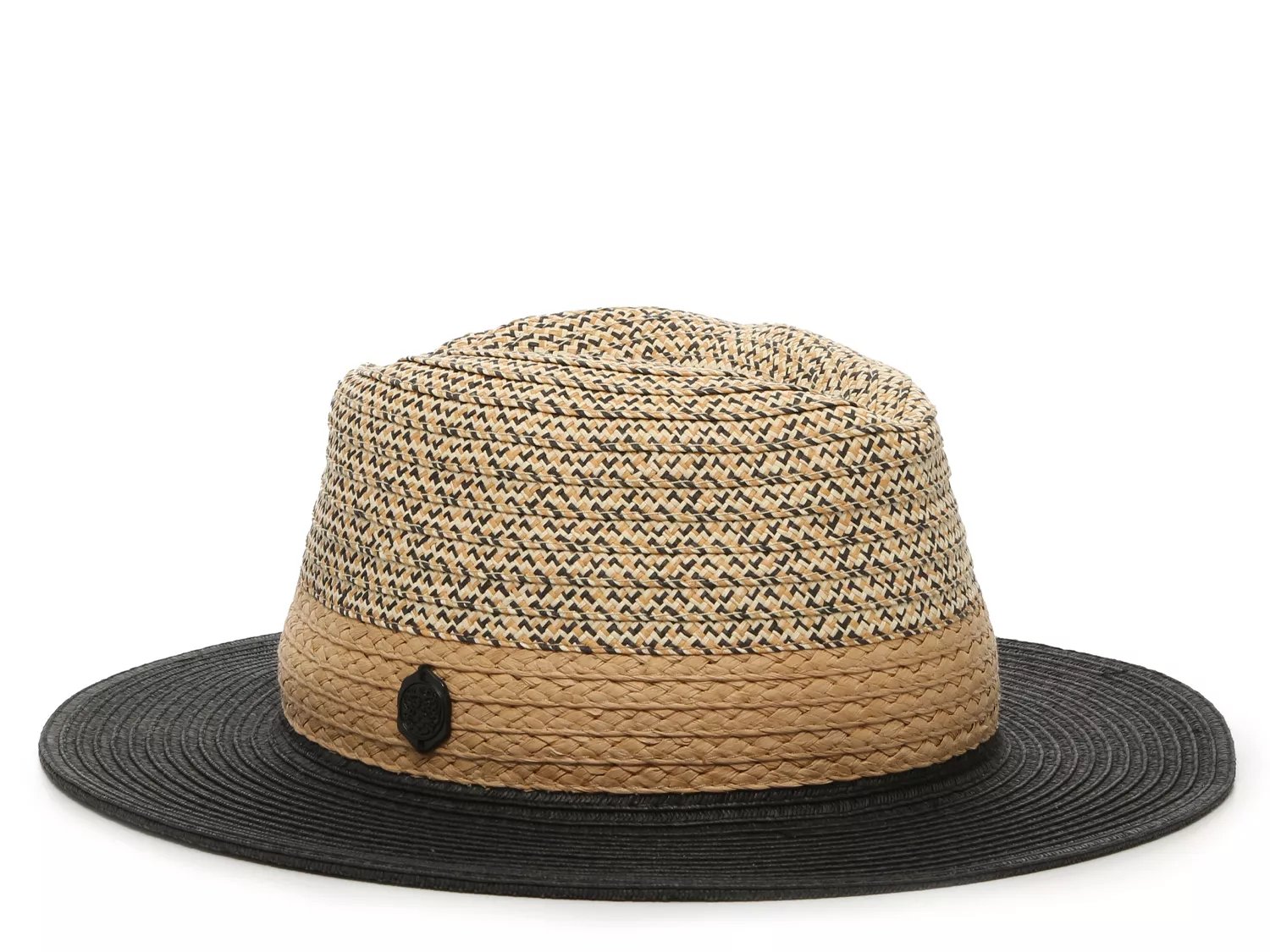 Vince Camuto Womens Sun Hat Panama Tweed Paper Straw Black Tan Check W/  Band OS 