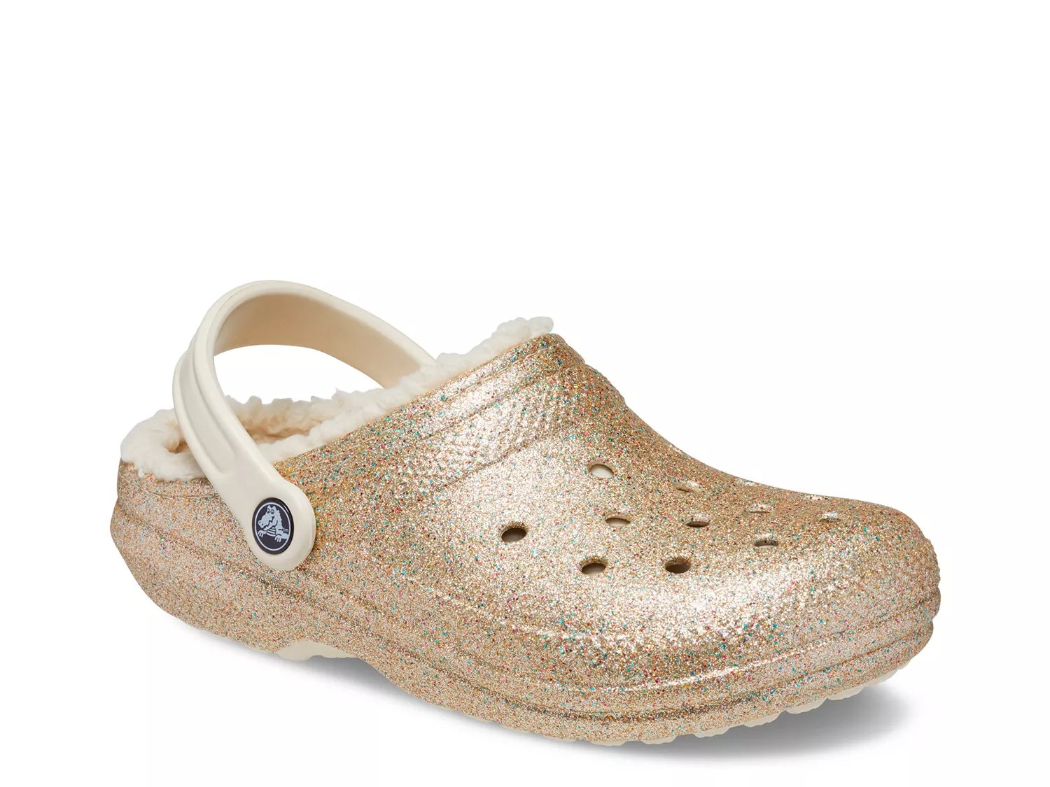 Gold glitter crocs with fur new arrivals