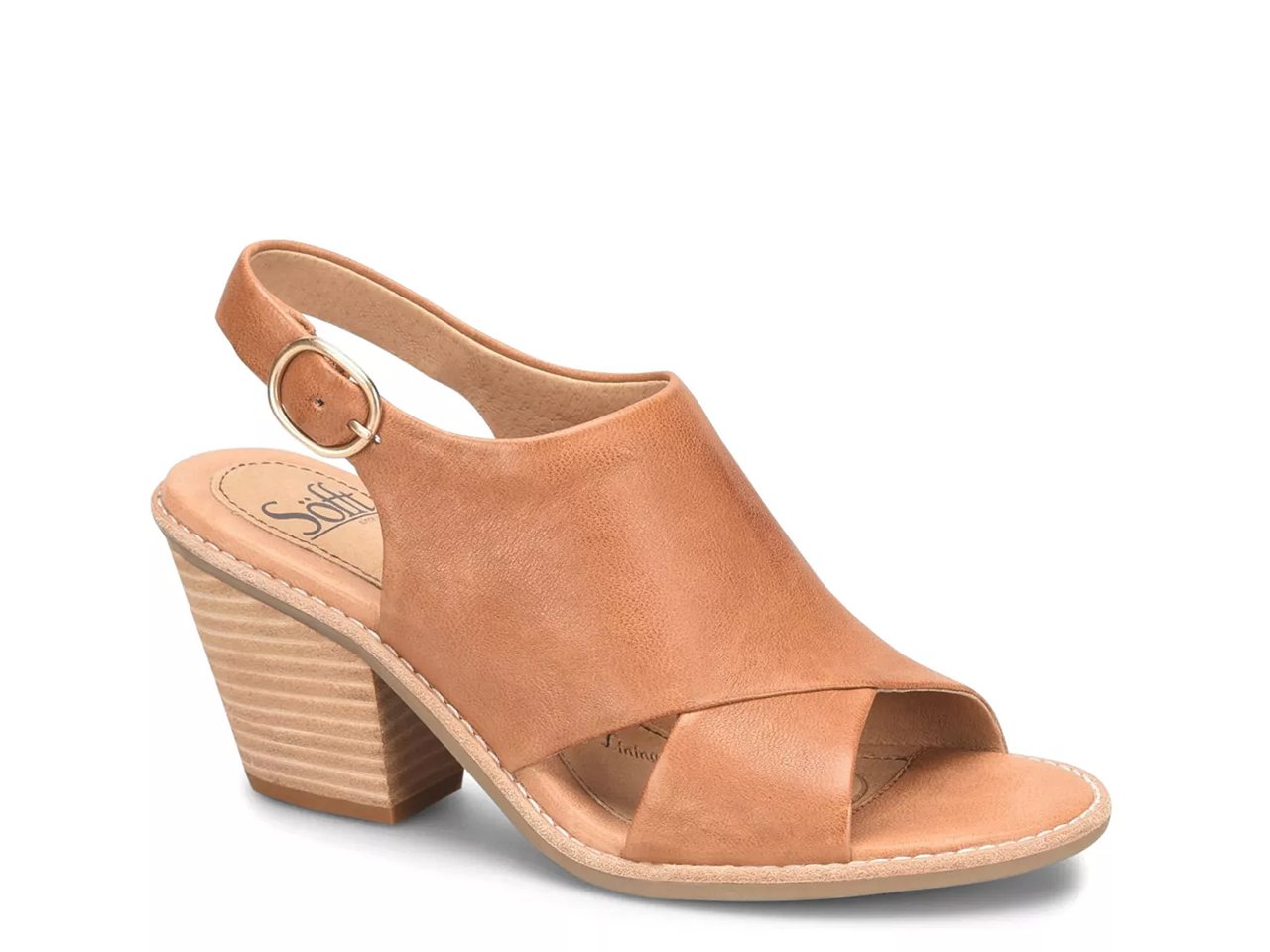 Brown low heeled sandal with a buckle strap on the back and open toe