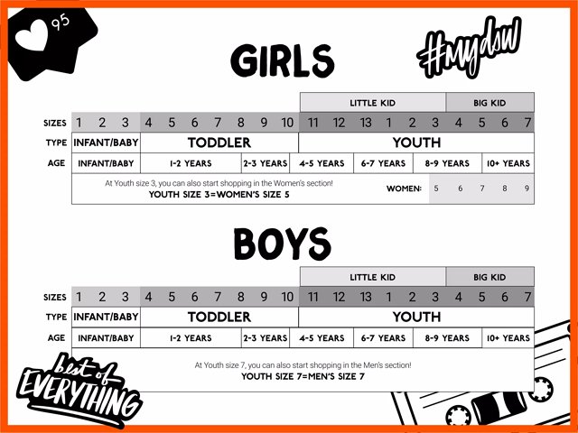 Reebok girls size chart deals