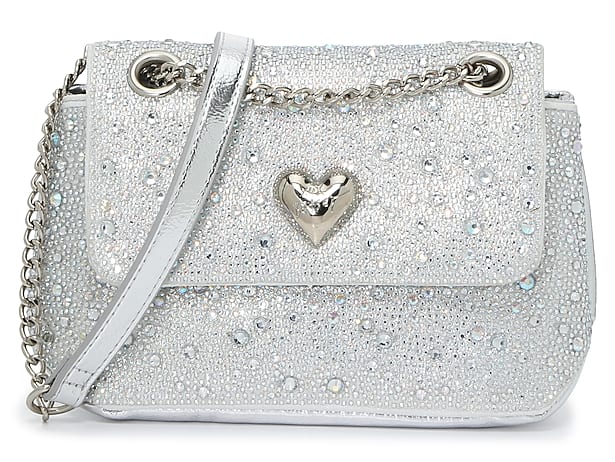 Betsey Johnson Rhinestone Heart Crossbody Bag | Women's | Silver Metallic | Size One Size | Handbags | Crossbody | Shoulder Bag