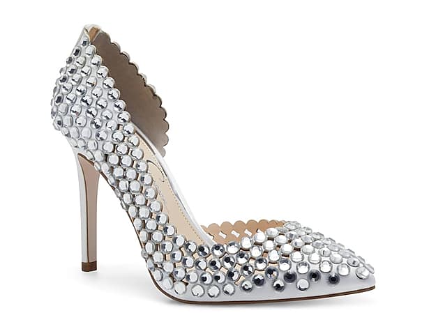 Pair of gray pointed-toe platform pumps with silver studs, Court