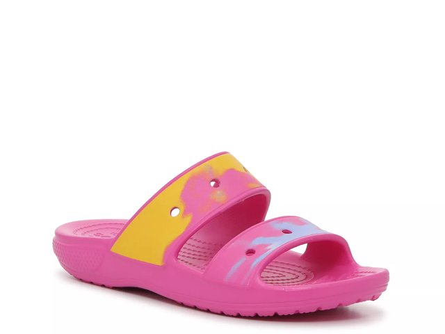 Yellow and pink crocs discount