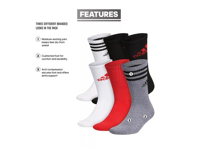 adidas Athletic Cushioned Men's Crew Socks - 6 Pack - Free