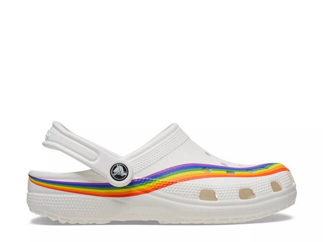White crocs discount with rainbow bottom