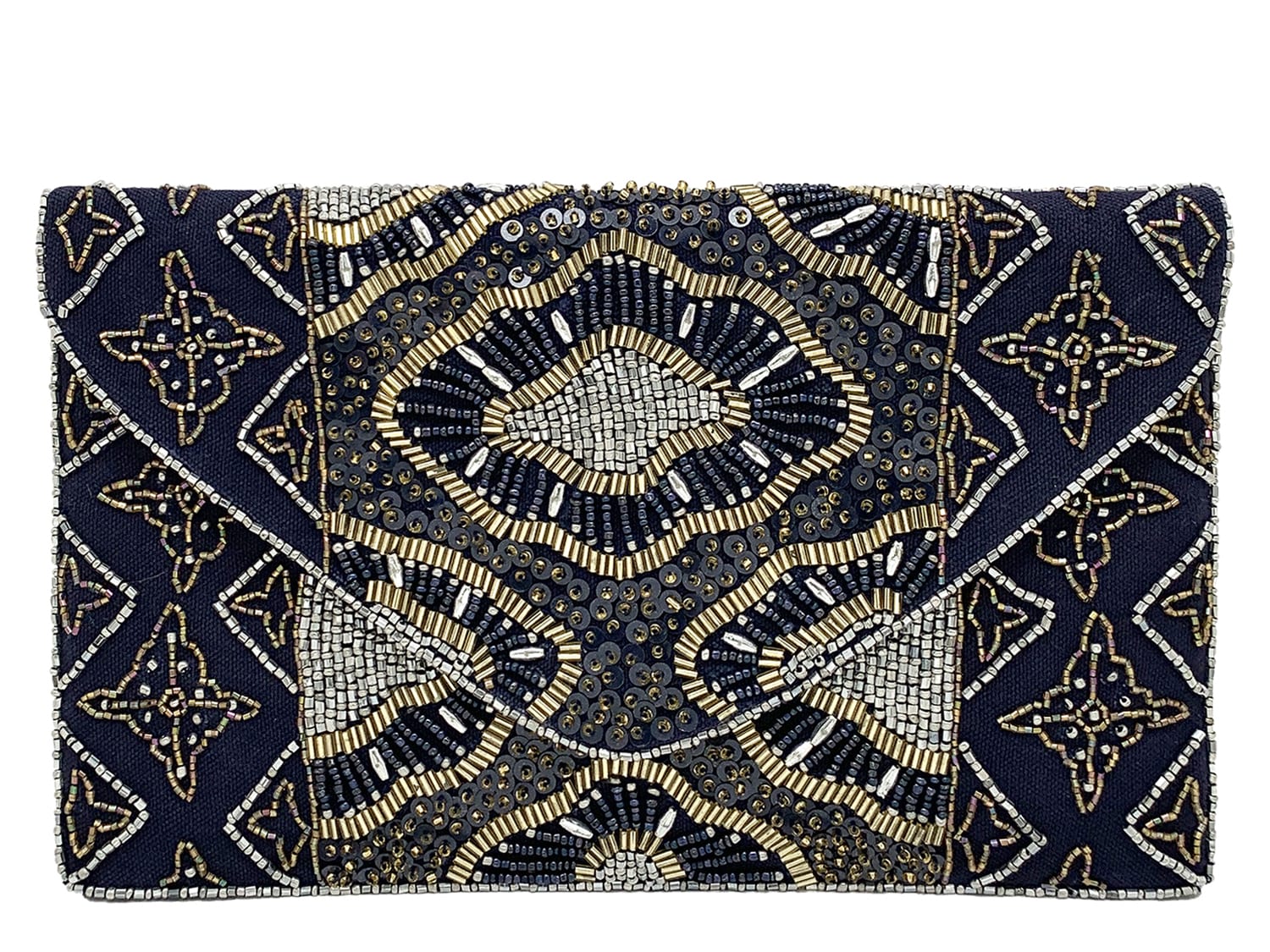 La Regale navy beaded clutch purse with shoulder strap