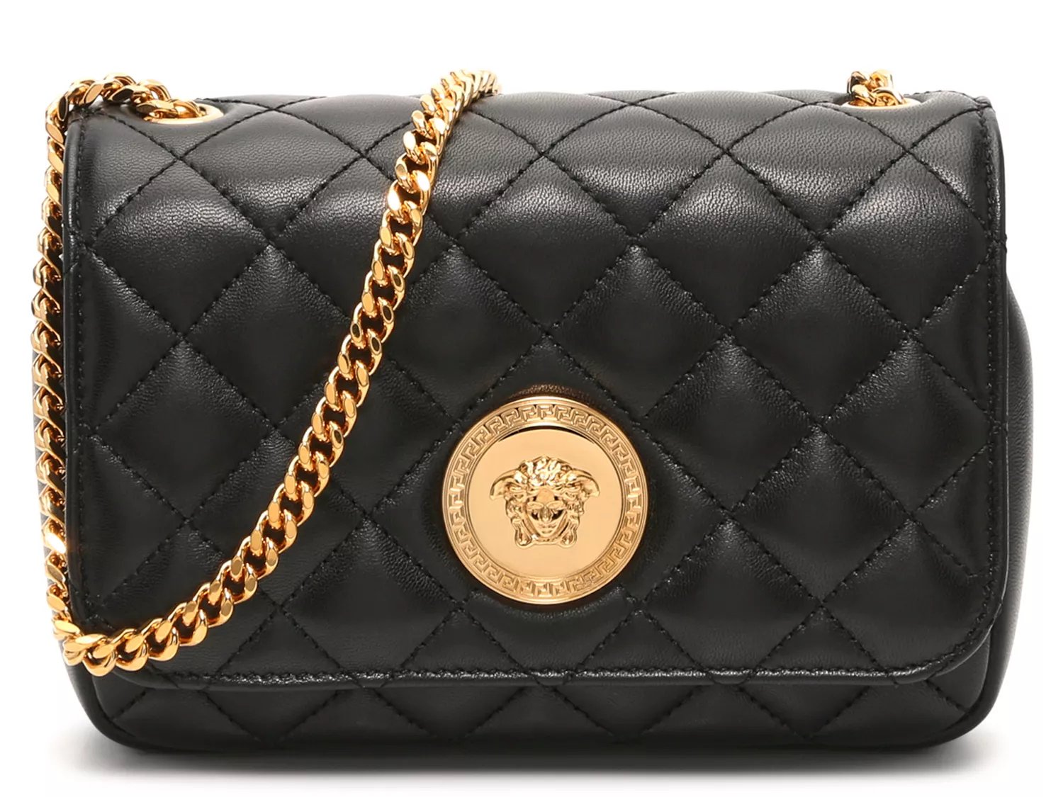 Versace Quilted Leather Gold Medusa Head Small Flap Crossbody Bag