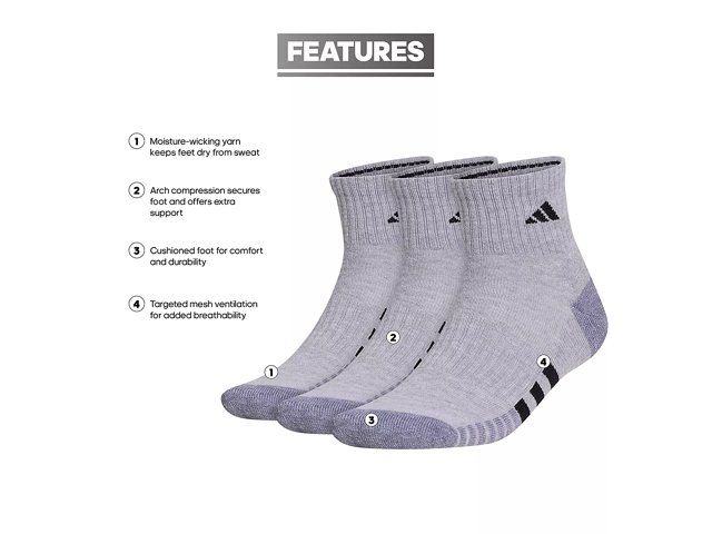 adidas Cushioned 3.0 Men's Quarter Ankle Socks - 3 Pack - Free