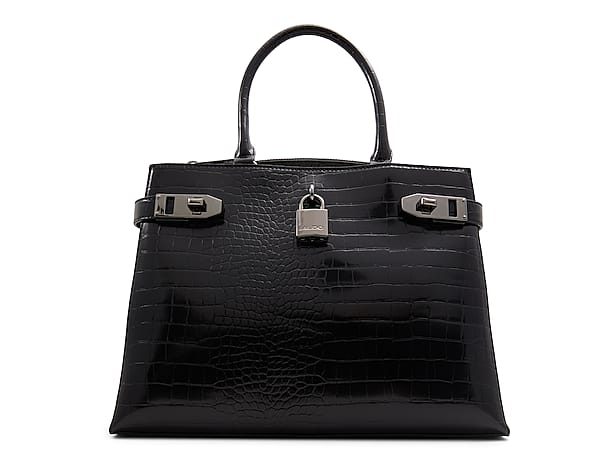 Aldo black quilted shoulder bag with front latch closure .