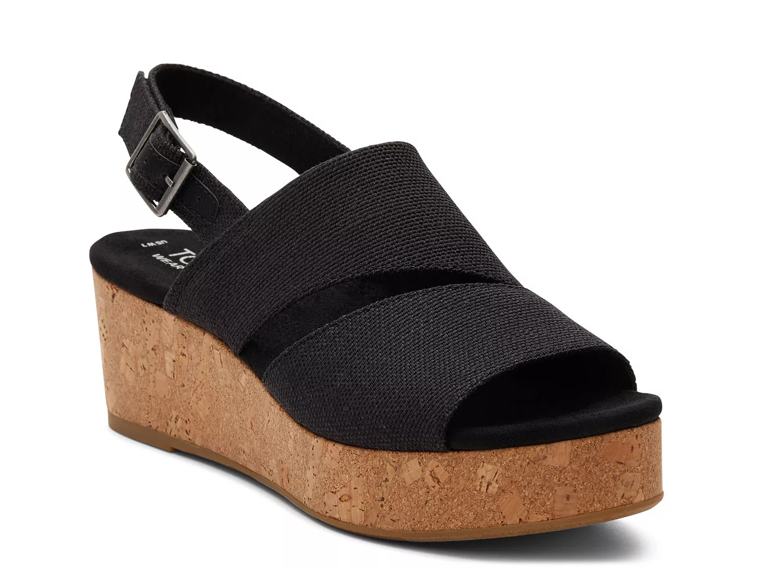 TOMS Black Suede selling Cork Platform Wedge Sandals