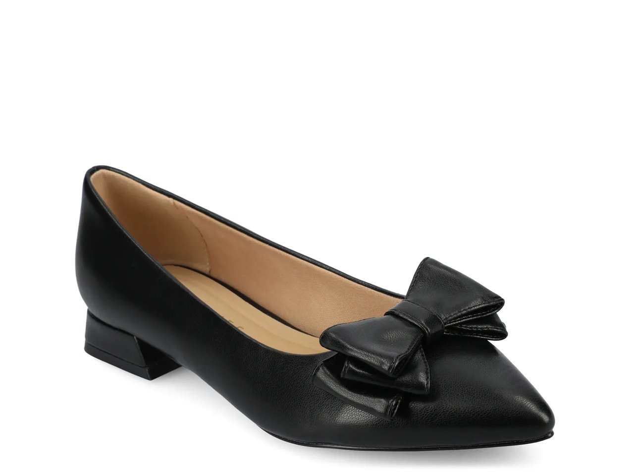 A flat black shoe with a bow