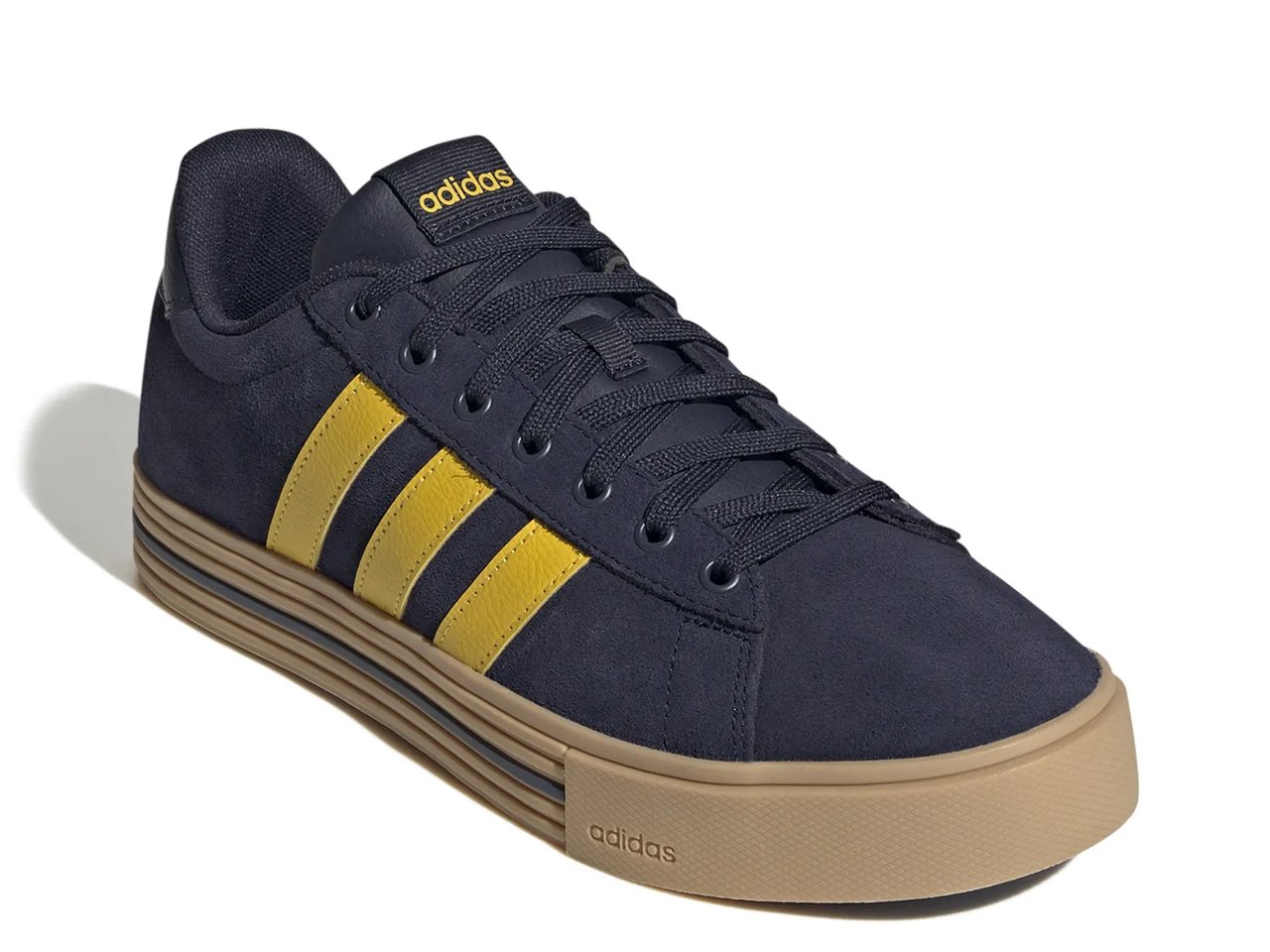 A blue and yellow sneaker