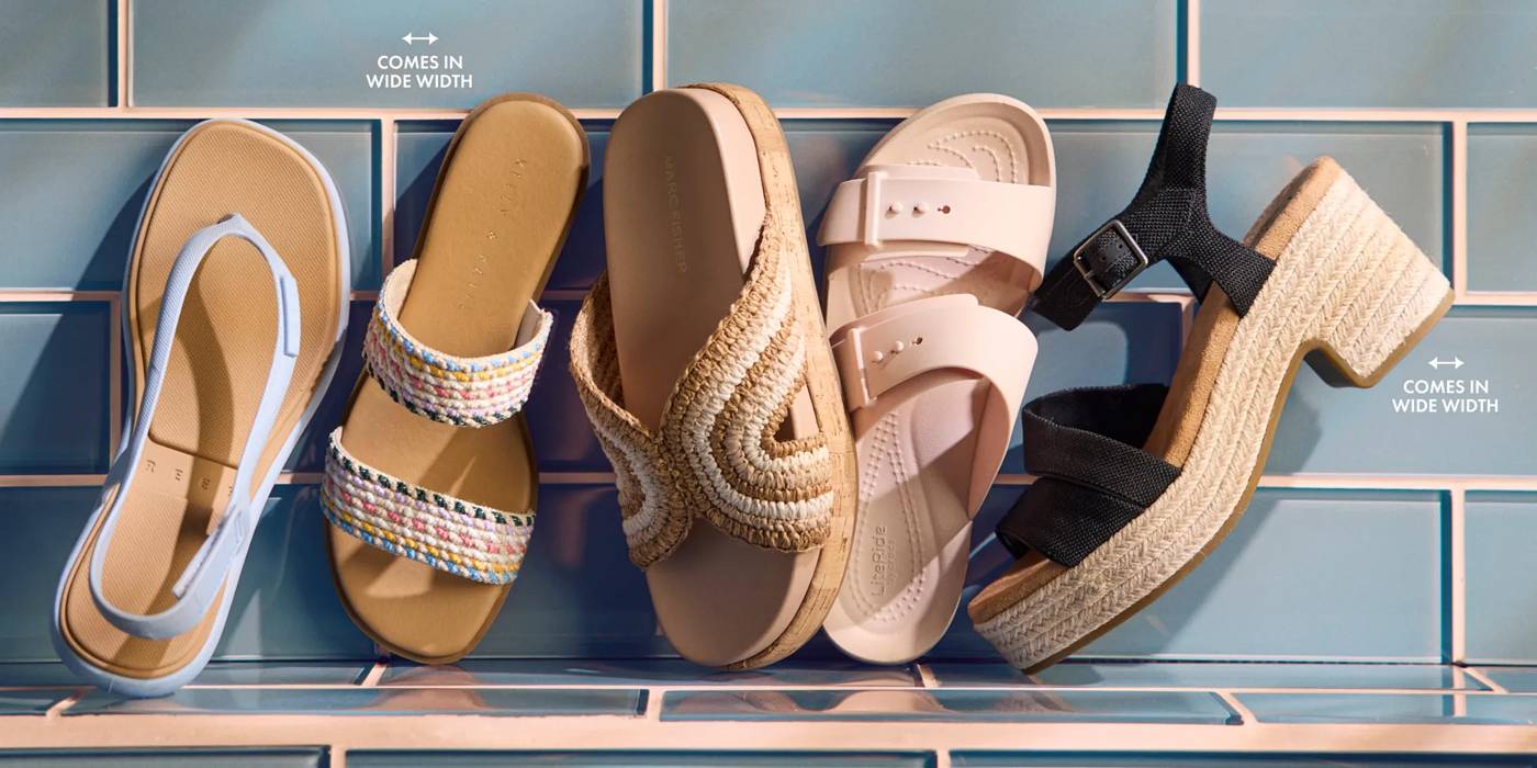 Featuring an assortment of summer ready sandals and slides. Prep your closet for BBQs, boat days, and beyond. Comes in wide width.