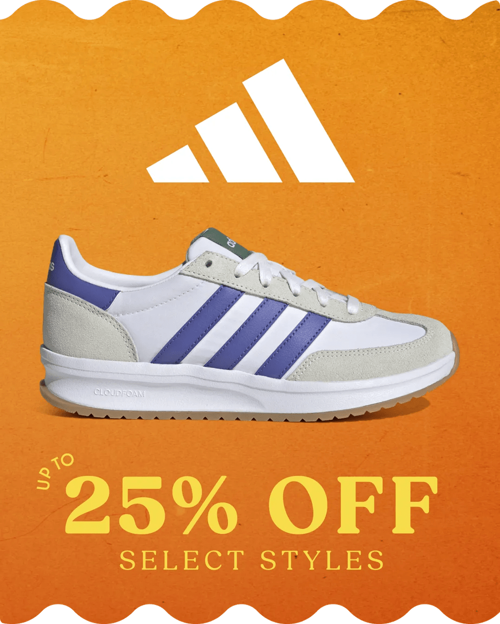 adidas up to 25% off select styles. Click to shop.