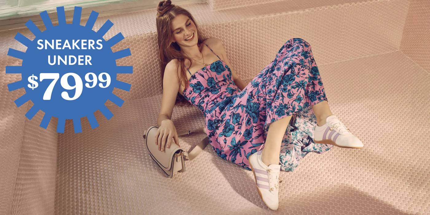 Featuring a model in adidas sneakers. Click to shop sneakers under $79.99