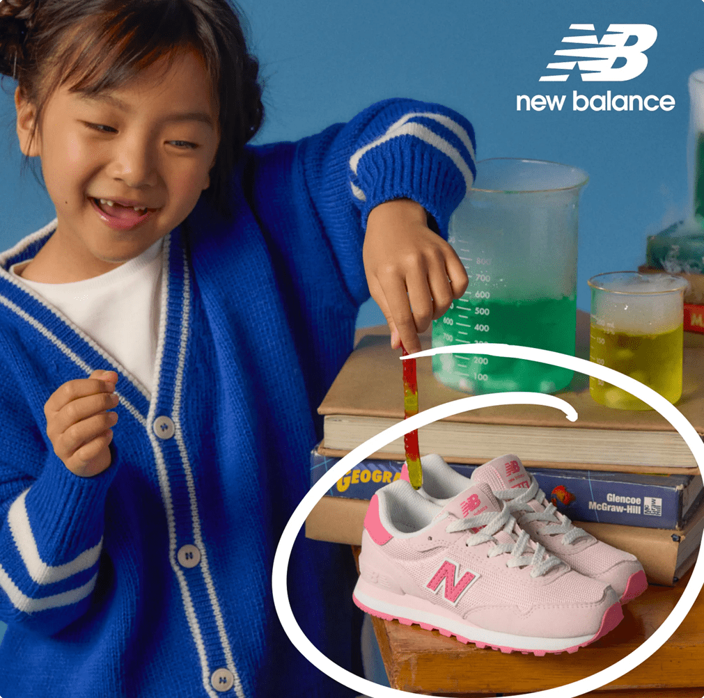 Featuring a model with Kids' New Balance sneakers.