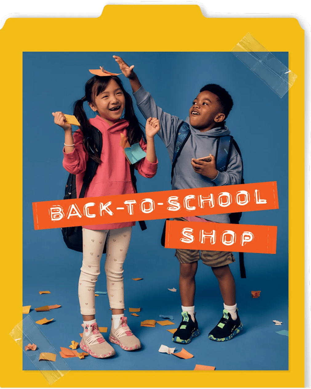 Featuring kids in back-to-school sneakers & accessories.
