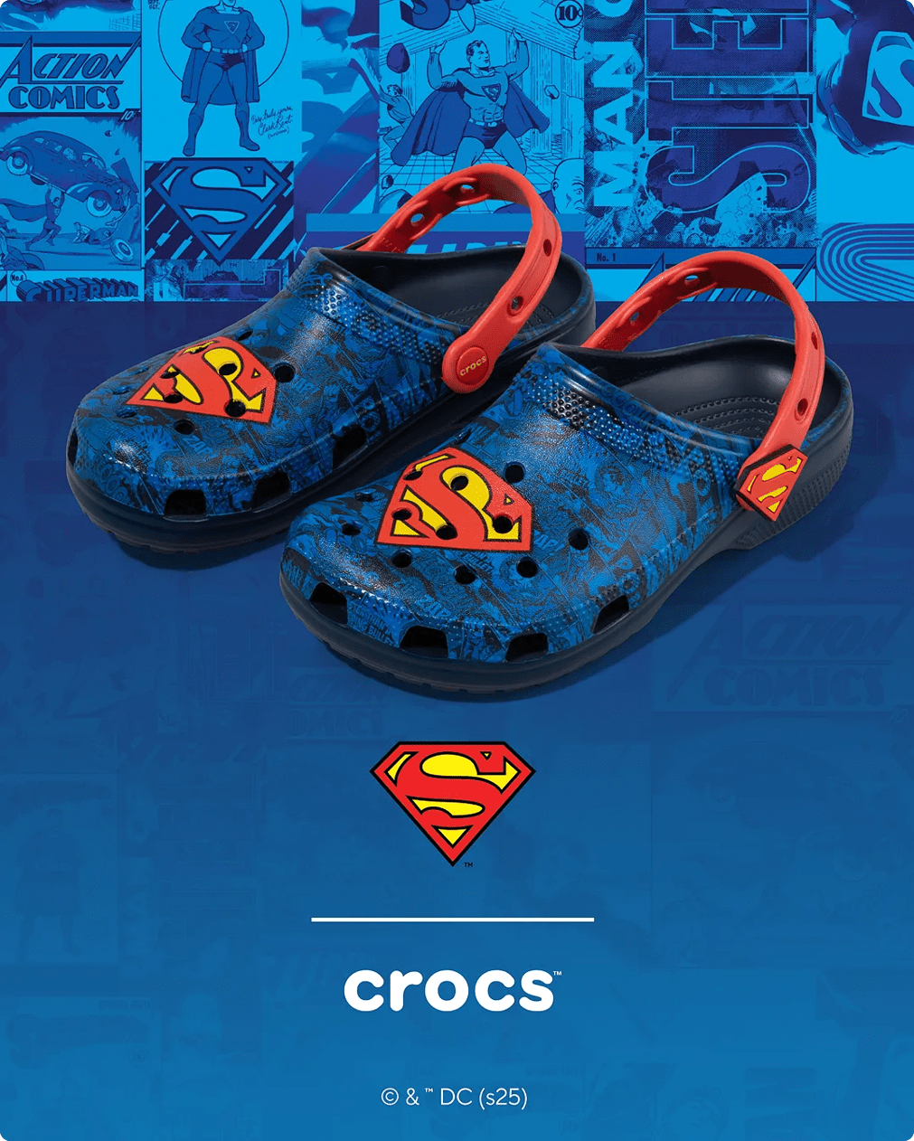 Featuring Superman themed Crocs with Superman logo.