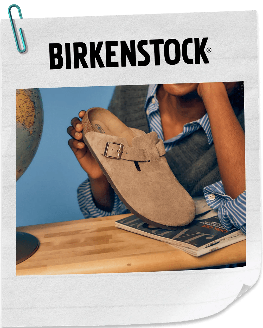 Featuring a Birkenstock clog.