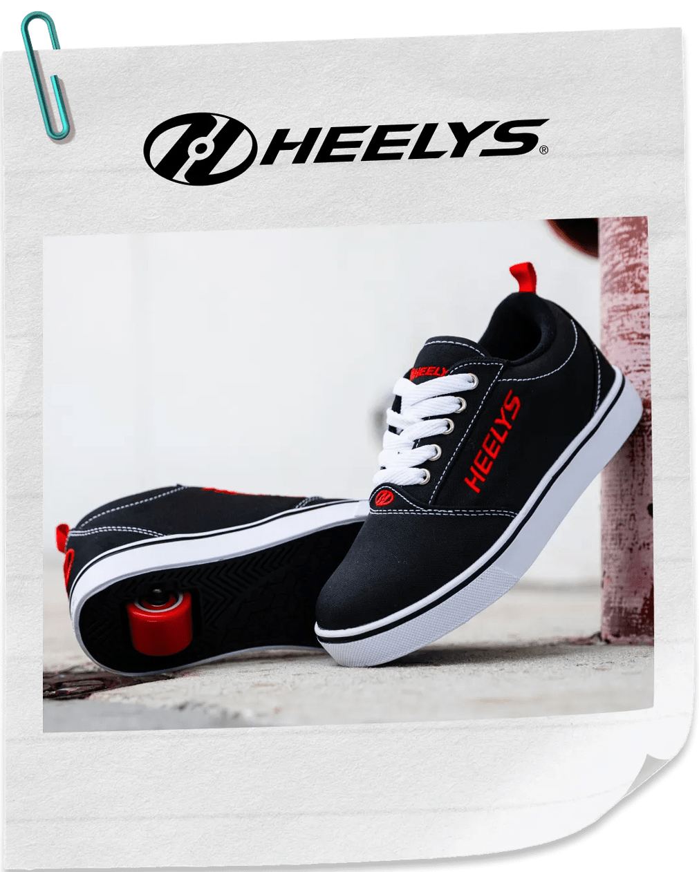 Featuring a pair of red and black Heelys