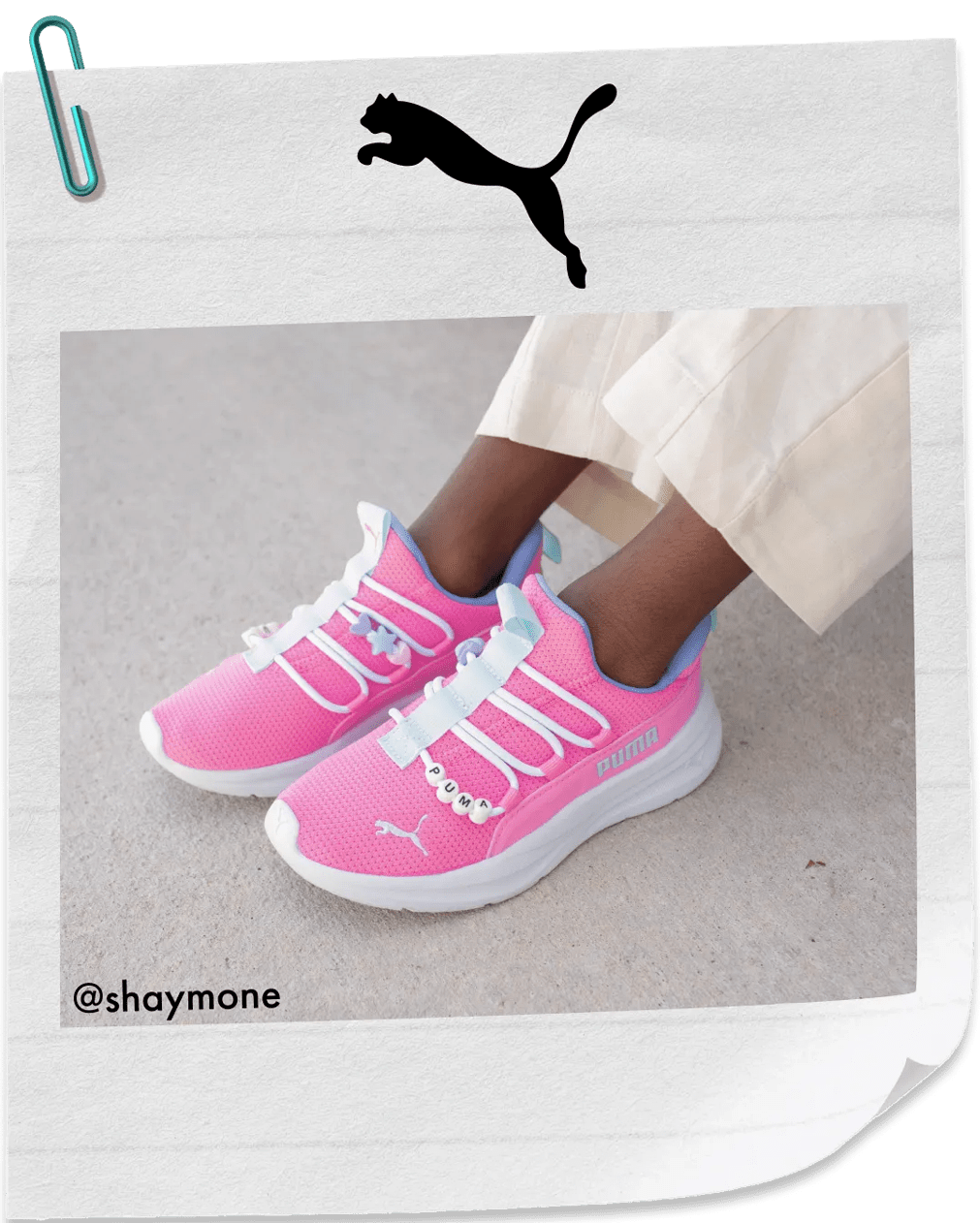 Featuring a pair of bright pink Puma sneakers.